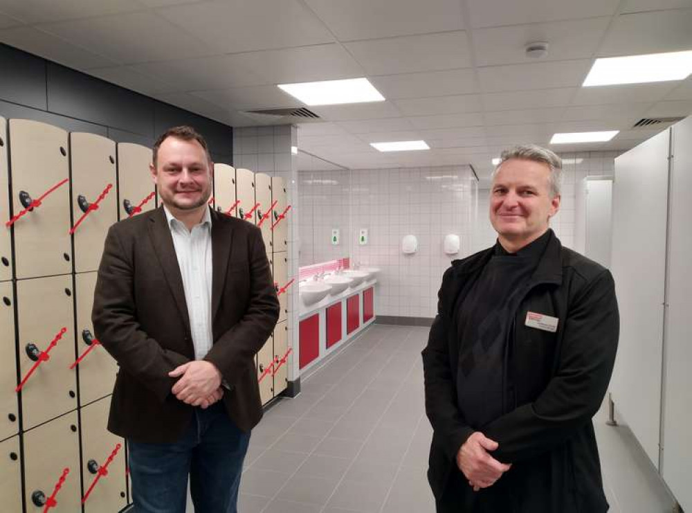 Pictured: Cllr Jason Zadrozny and Lorenzo Clarke of Everyone Active at the new changing village at Hucknall Leisure Centre. Photo courtesy of Ashfield District Council.