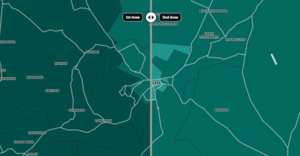 An interactive map shows the exact percentages of people with first and second jabs.