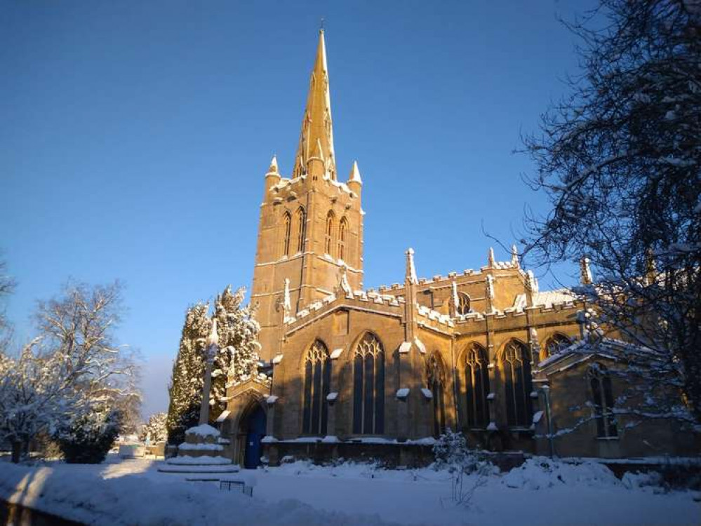 Oakham church when the snow fell in February 2021, where the book release will be held on the 3rd of December.