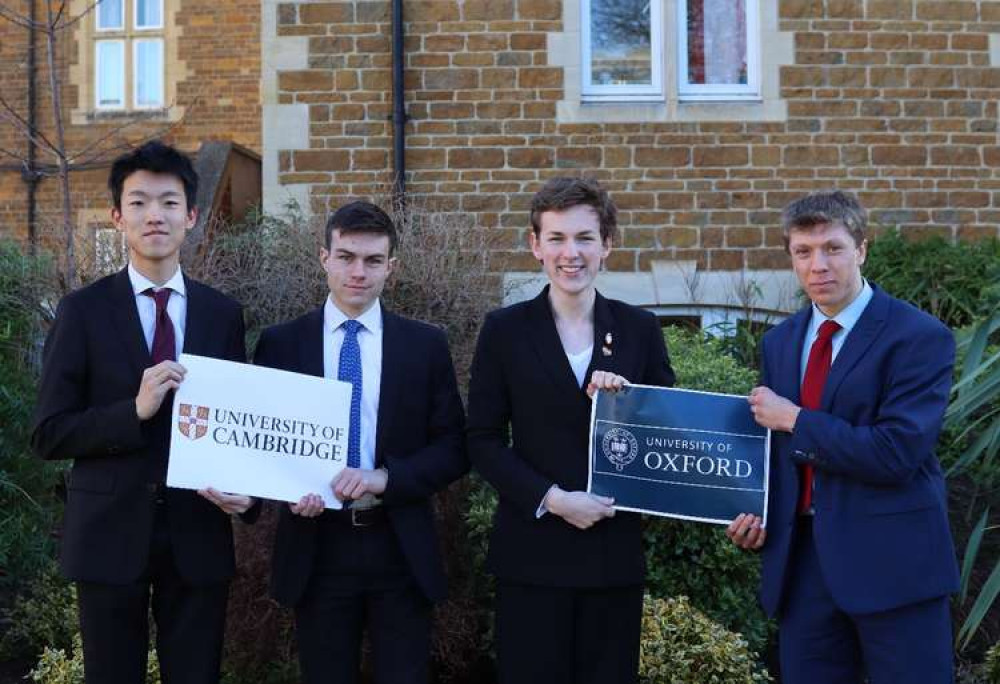 Pupils Alan, Oli, Zsolti and Peter celebrating their Oxbridge offers (image courtesy of Oakham School)