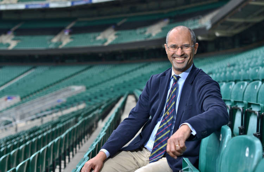 Tom in the stands of Twickenham Rugby Stadium.