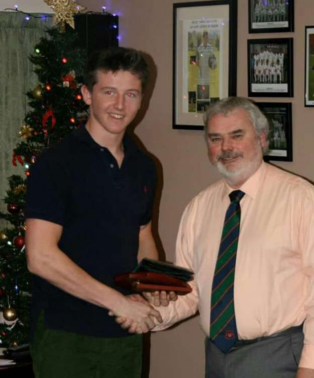 The then chairman, Ron Davies, presenting Tom with Elworth CC Junior Player of the Year in 2014