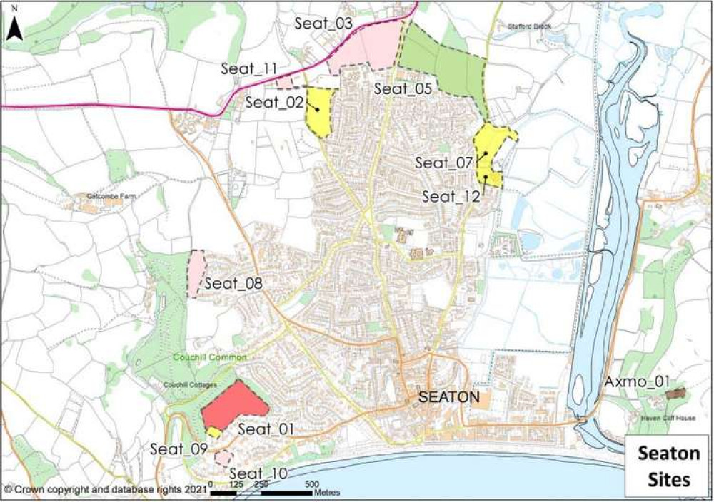The potential develop sites in Seaton with those deemed most suitable in green, followed by yellow, pink and then red The potential develop sites in Seaton with those deemed most suitable in green, followed by yellow, pink and then red