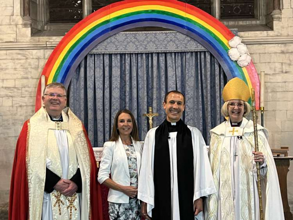 New priest, the Reverend Justin Montague, with wife Melissa, the Bishop of Crediton and the Archdeacon of Exeter