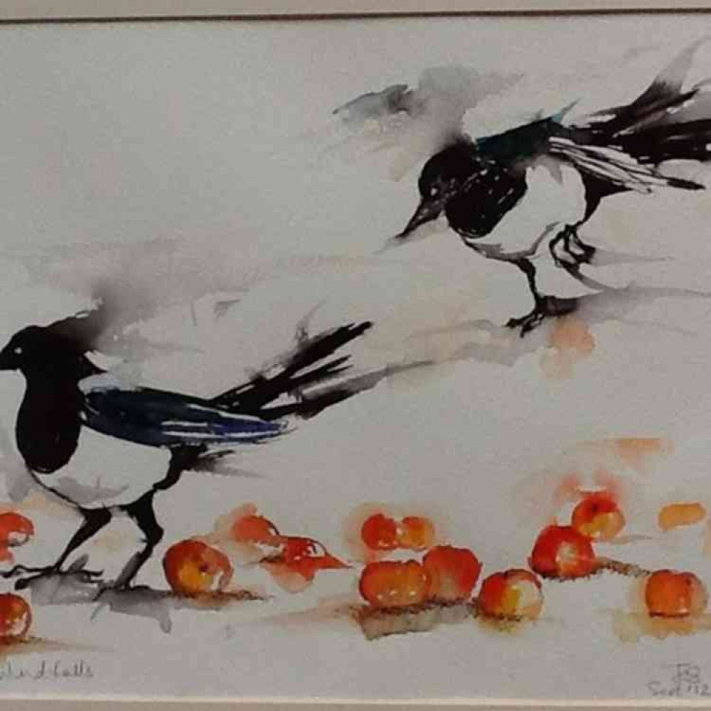 A watercolour showing two magpies. A watercolour showing two magpies.