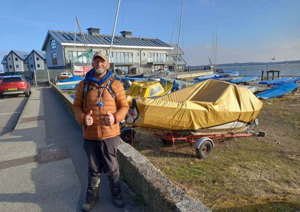 Richard 'Jim' Morton at Shotley with distinctive white ensign and Gurkha pennant (Picture credit: Peninsula Nub News)