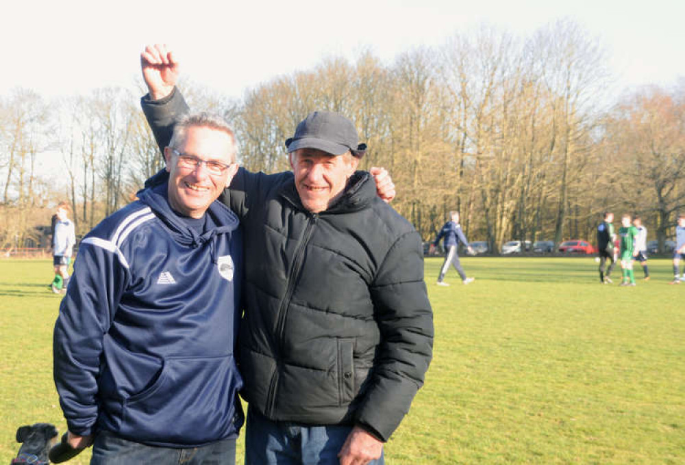 Chapman Craig Catchpole celebrates with club stalwart David Hazelwood (Picture credit: Peninsula Nub News)