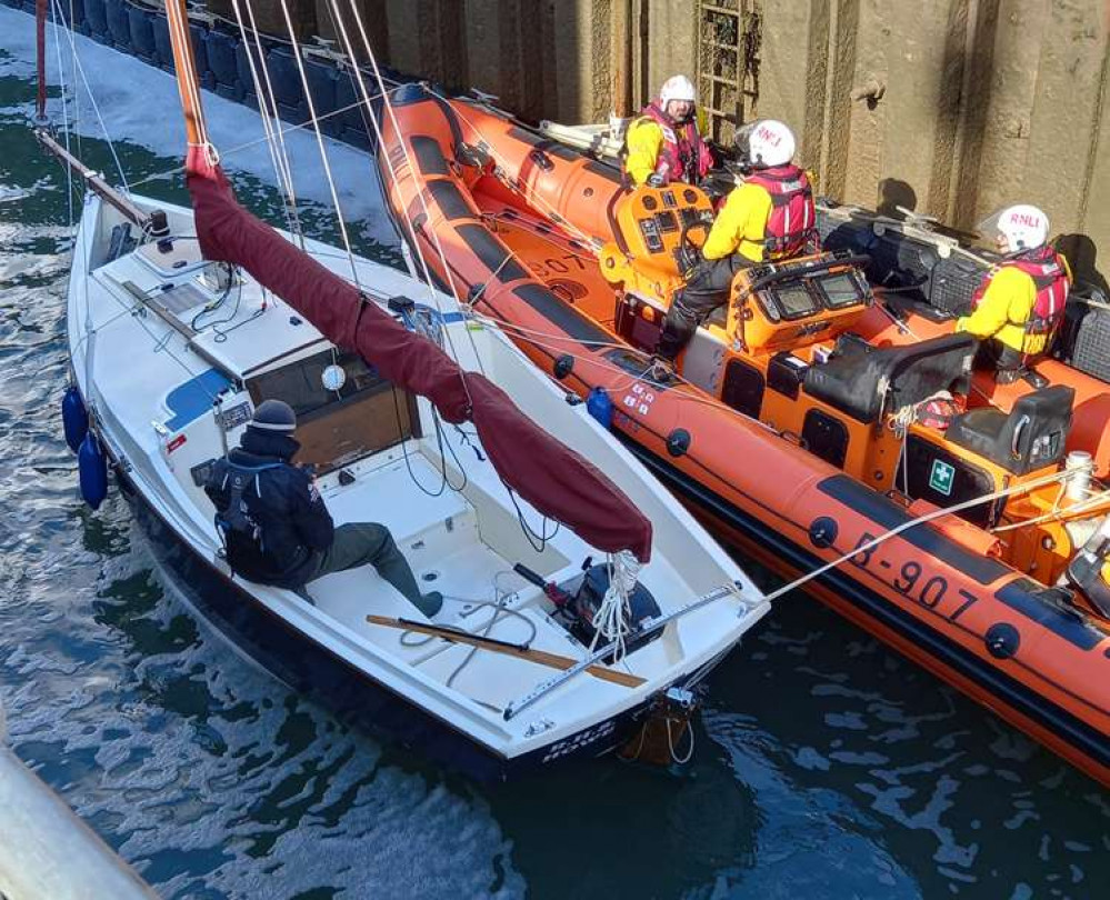 Ed Sibson on board RHS Howe with RNLI crew at Shotley marina lock (Picture credit: Peninsula Nub News)