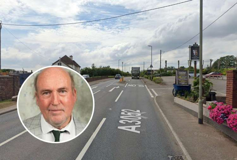 Cat and Fiddle, currently a 50 mph zone (Google Maps). Inset: Cllr Stuart Hughes (Devon County Council)