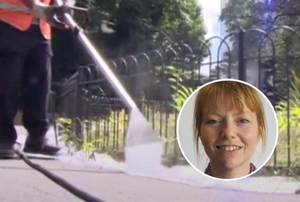 'Hot foam' weed killer (BBC News). Inset: Cllr Denise Bickley (EDDC) 'Hot foam' weed killer (BBC News). Inset: Cllr Denise Bickley (EDDC)