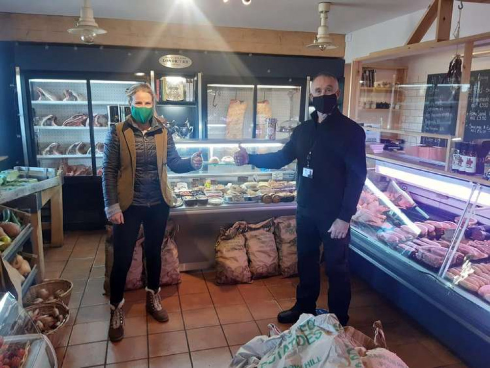 Tori and Ben's Farm Shop, Melbourne - participants in the 'Let's be COVID-safe together' scheme - with Tori Stanley (owner) with Ian Stockwell (local Covid Marshal for South Derbyshire District Council)