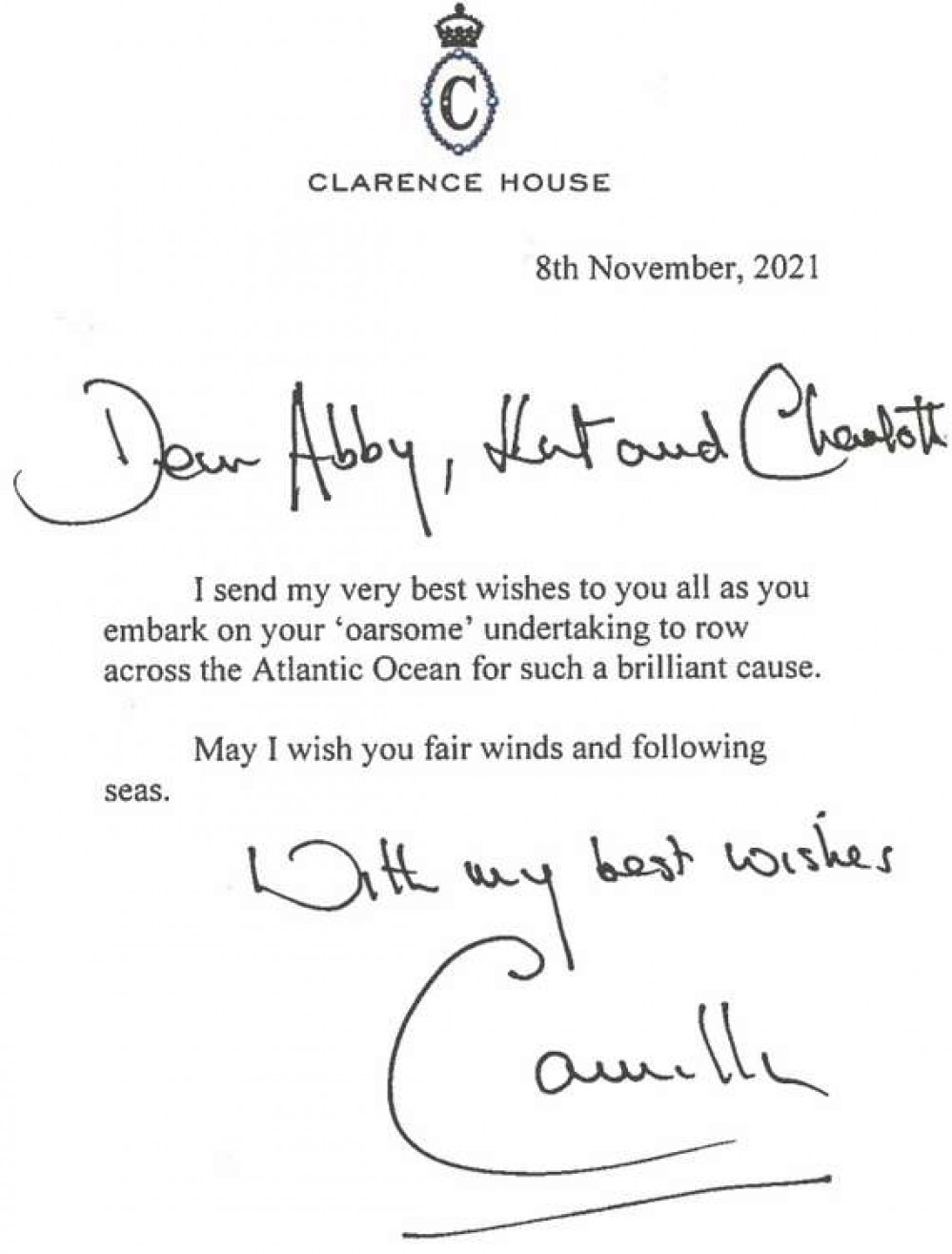 The Duchess of Cornwall personally wished them good luck