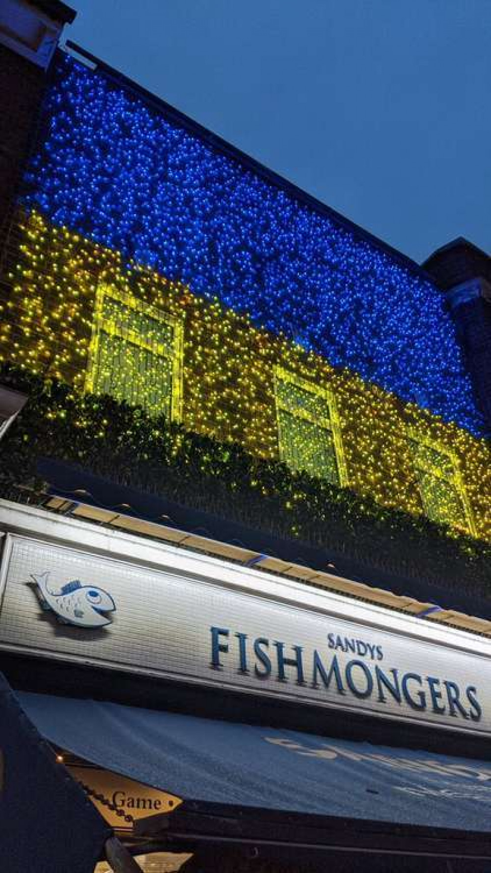 Sandy's Fishmongers has a light display in solidarity with the country