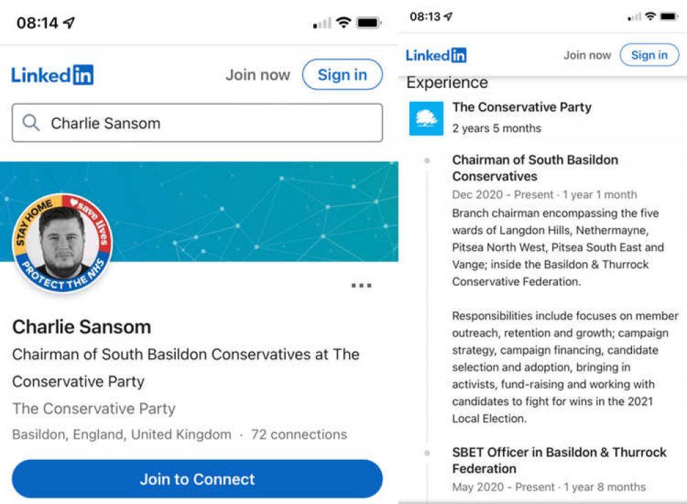 Charlie Sansom's 'Linked In' pages where his position as a local chairman is detailed.