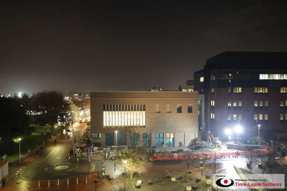 The lights are on but councillors won't be at home next week. This evening's time lapse camera shot shows the new building.