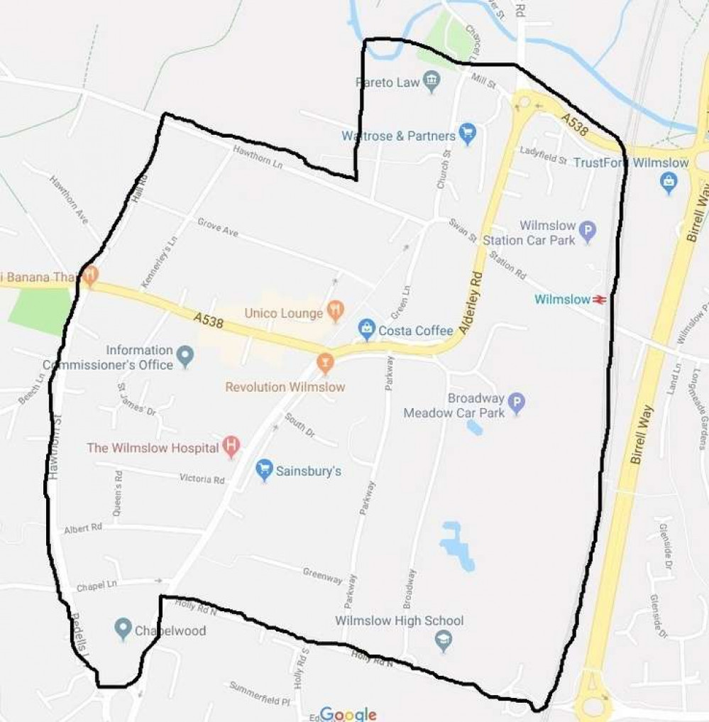 Cheshire Police provided this crudely drawn map to show that the powers span Wilmslow town centre. (Image - Google / Cheshire Police)