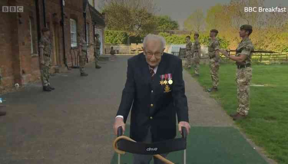 Hero fundraiser: Captain Tom Moore in his back garden . . . picture BBC Breakfast