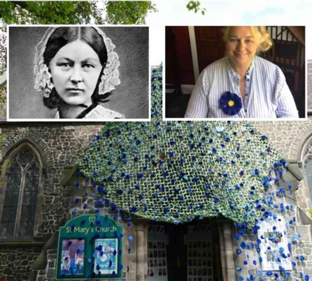 Oh Poppy Day: St Mary's bedecked in a net of blue poppies with Florence Nightingale and Councillor Angie Spencer , insets