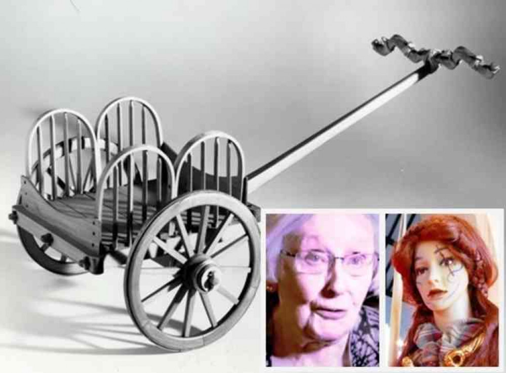 Women on a point of history: A replica of British Celtic war chariot based on excavations in 2001 at Wetwang Village, East Yorkshire and insets, Margaret Hughes and Boudica