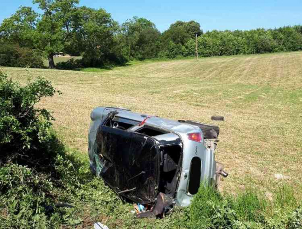 Journey's end: Wrecked vehicle on its side