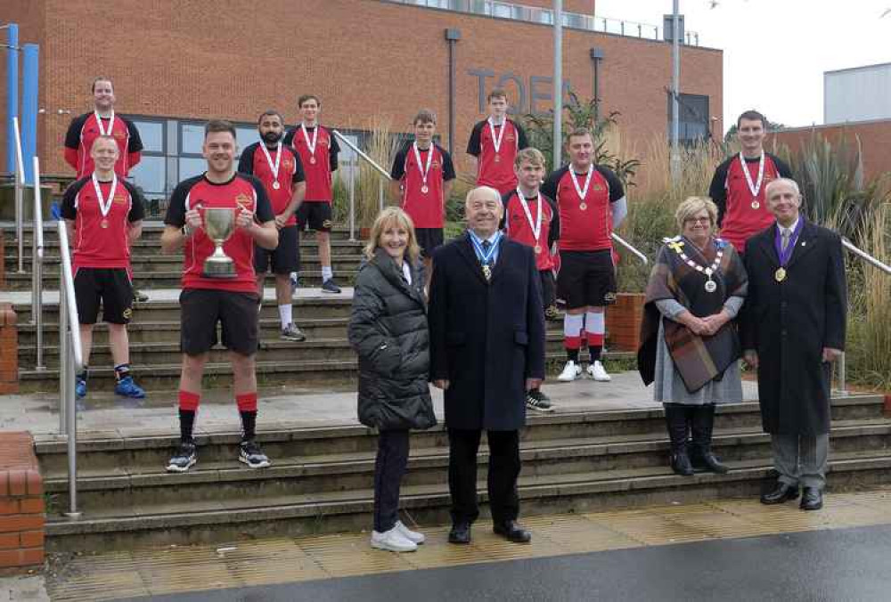 Foreground: Joe Greenwell CBE DL High Sheriff of Warwickshire and Mrs Anne Greenwell. Right: Cllr Denise Clews Atherstone Town Mayor and Consort Cllr Tony Clews. Left (holding the Cup): Martin Webb of Atherstone Adders 1st XI Hockey (Photograph Courtesy Foreground: Joe Greenwell CBE DL High Sheriff of Warwickshire and Mrs Anne Greenwell. Right: Cllr Denise Clews Atherstone Town Mayor and Consort Cllr Tony Clews. Left (holding the Cup): Martin Webb of Atherstone Adders 1st XI Hockey (Photograph Courtesy