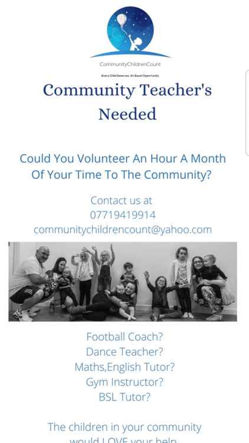 Volunteers are now appealing for local people to come forward as 'community teachers' to help run classes, small groups, and outreach programs.