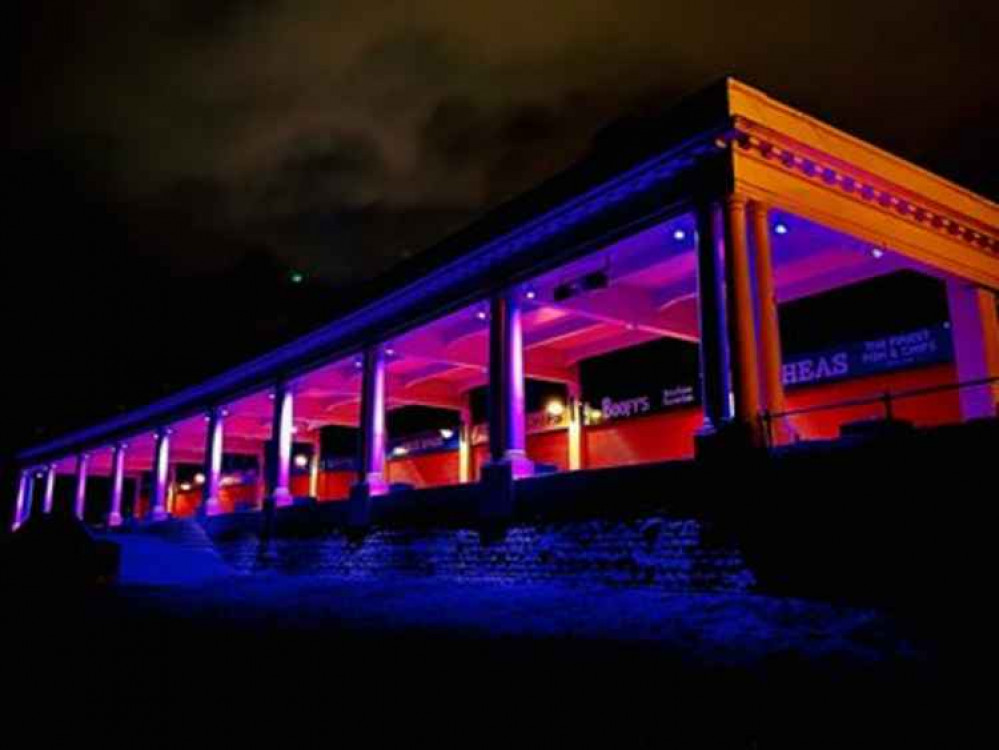 The Western Shelter lit purple to mark Holocaust Memorial Day