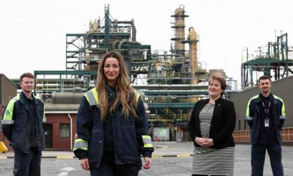 Learning leader Alex Laurie (second from right) and apprentices Rhydian Price, Charlotte Clissold and James Parr from Dow Silicones UK Limited in Barry, a finalist in the Large Employer of the Year category of the Apprenticeship Awards Cymru 2021.