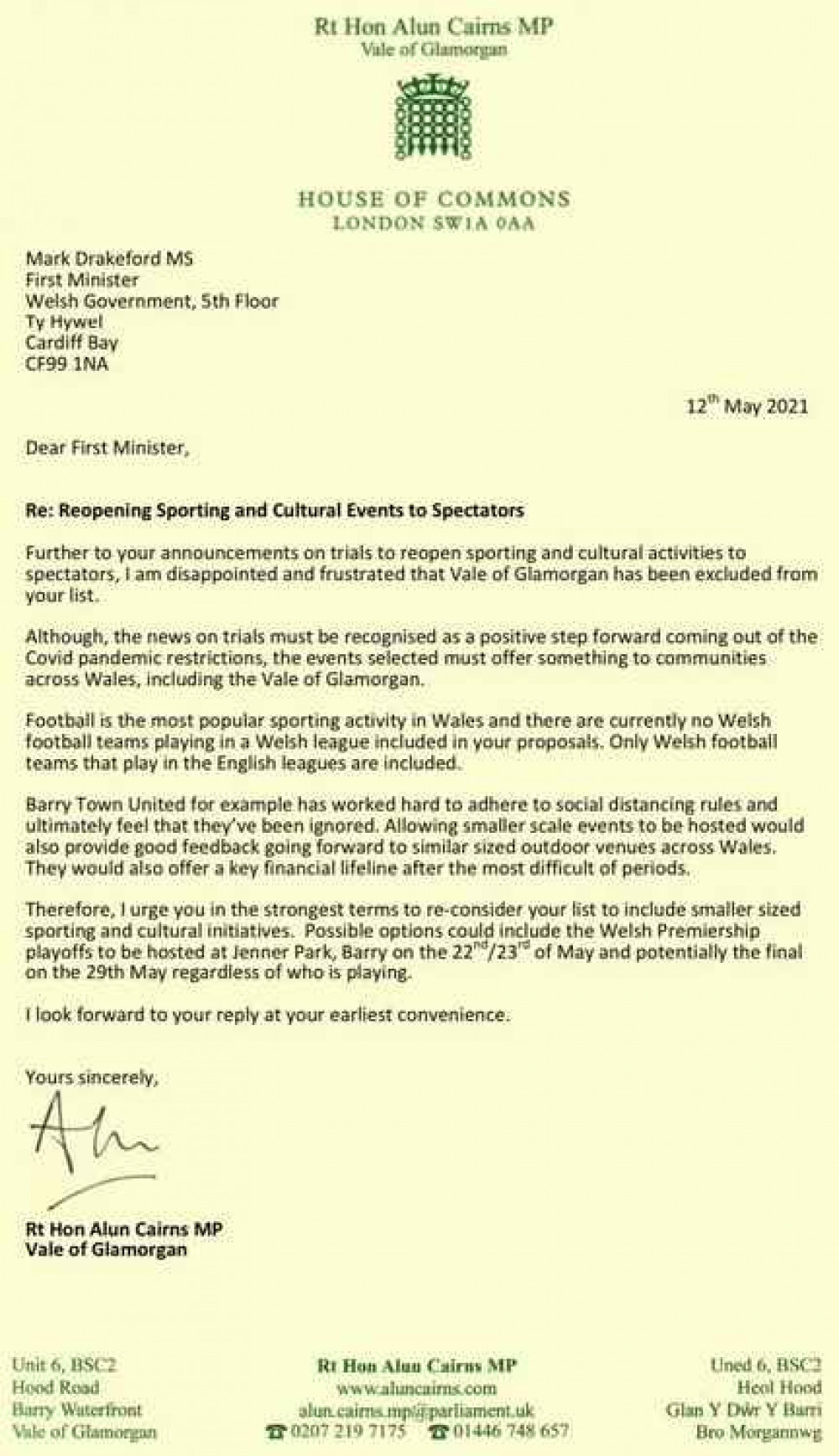 Alun Cairns MP's letter to First Minister Mark Drakeford