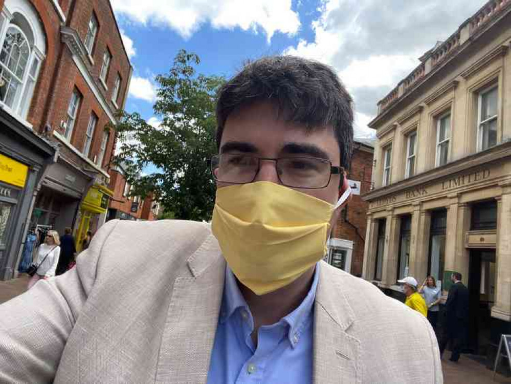 Godalming's Town Council leader and Waverley Deputy  Leader, Lib Dem Paul Follows, sports an appropriately coloured mask.