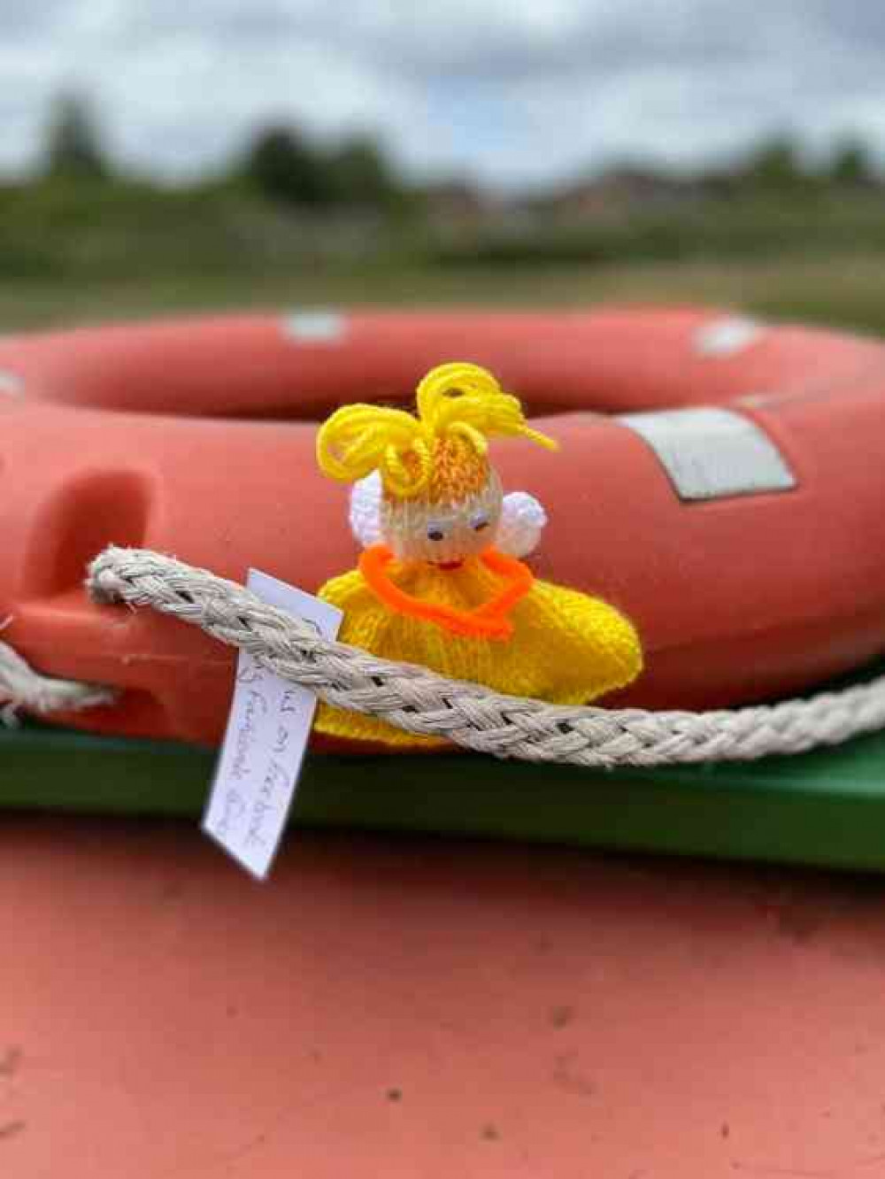 Perched on a lifebuoy.