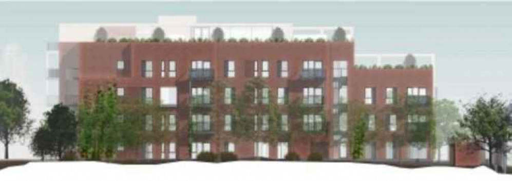 The original artist's impression of the planned building. The top storey, outlined in white, has now been removed.