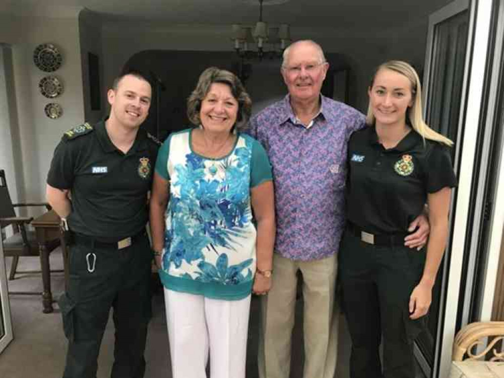 (l-r) Emergency Care Assistant Callum Lamb, Julie and John Howiss, Paramedic Claire Snowden