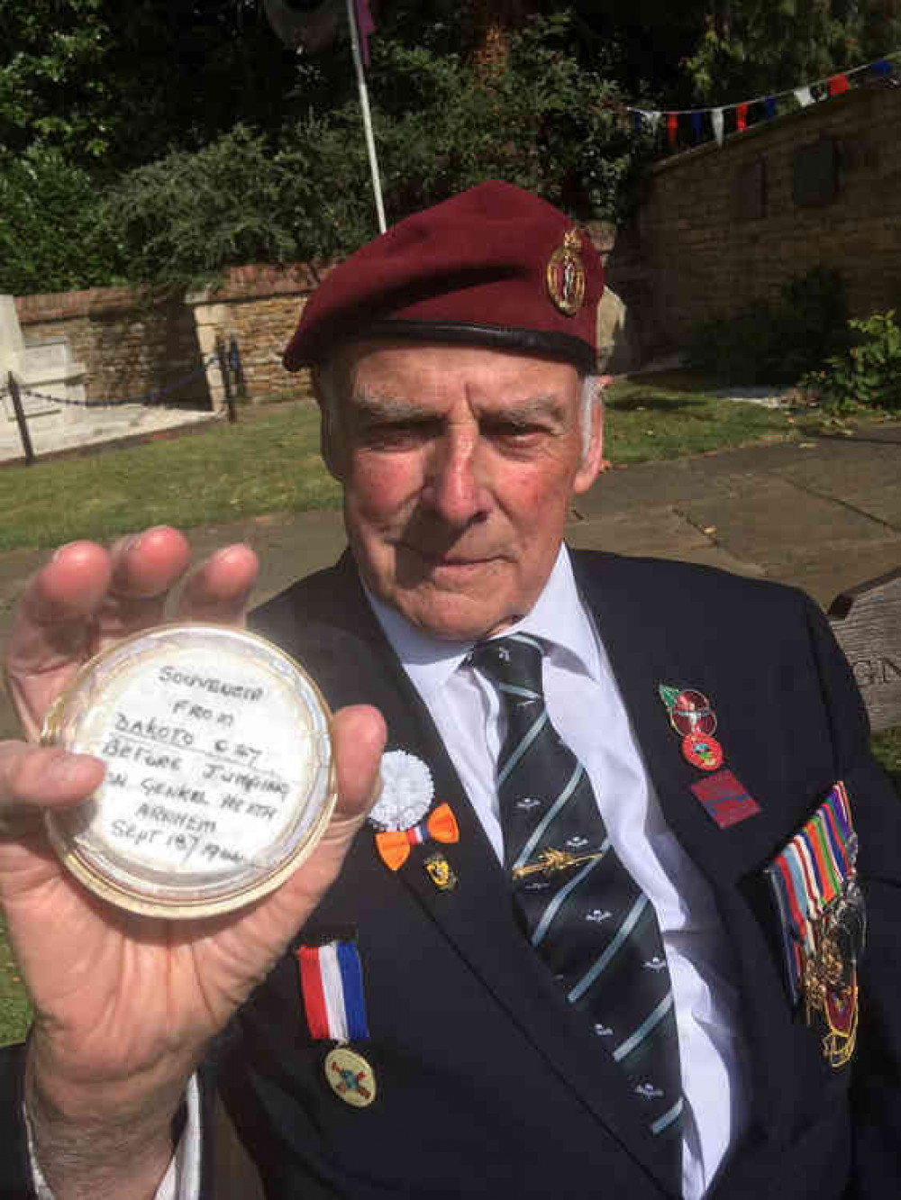 Lol Martin with a souvenir from the C47 Dakota he flew in to Arnhem before jumping onto Ginkel Heath on 18 September 1944