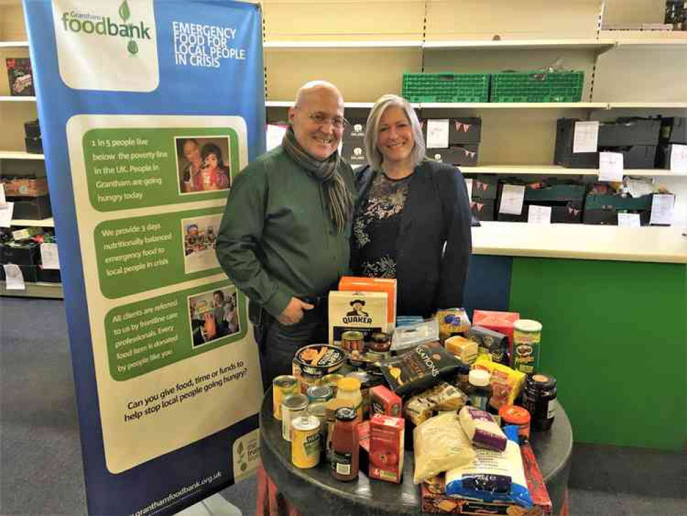 Grantham St Vincent's Councillor Annie Mason with Grantham Foodbank Co-ordinator Brian Hanbury