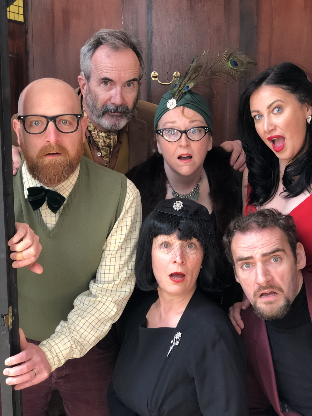 The main suspects of Clue On Stage: Mr Green, Colonel Mustard, Mrs Peacock, Miss Scarlet, Mrs White & Professor Plum. (Image credit: Red Herring Theatre)