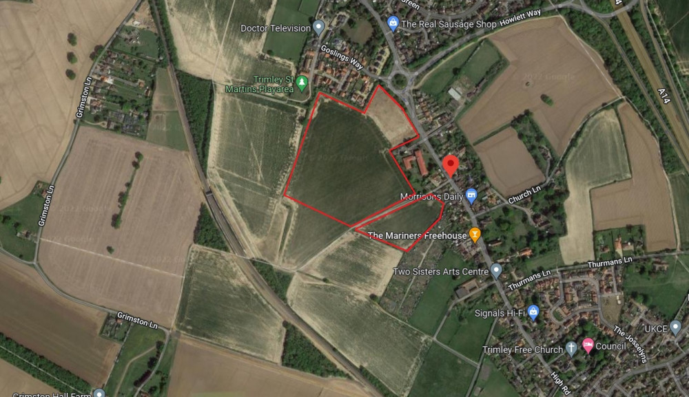 Trimley St Martin site where 139 homes approved marked in red