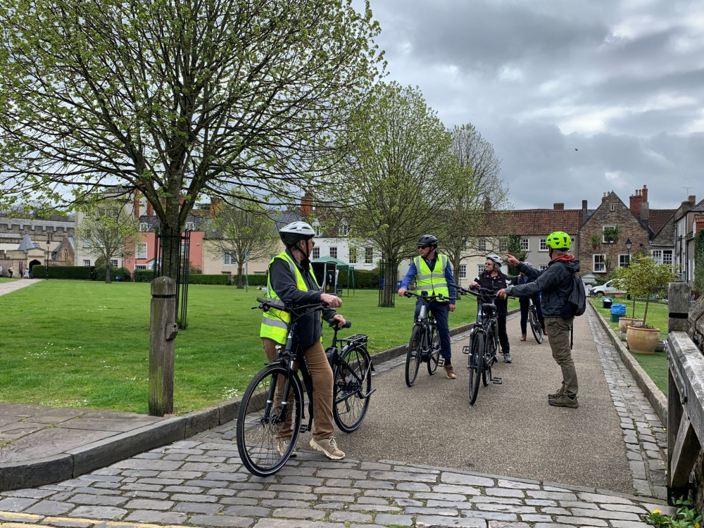 A group of riders on e-bikes at the free trial in Wells on 13 April 2022