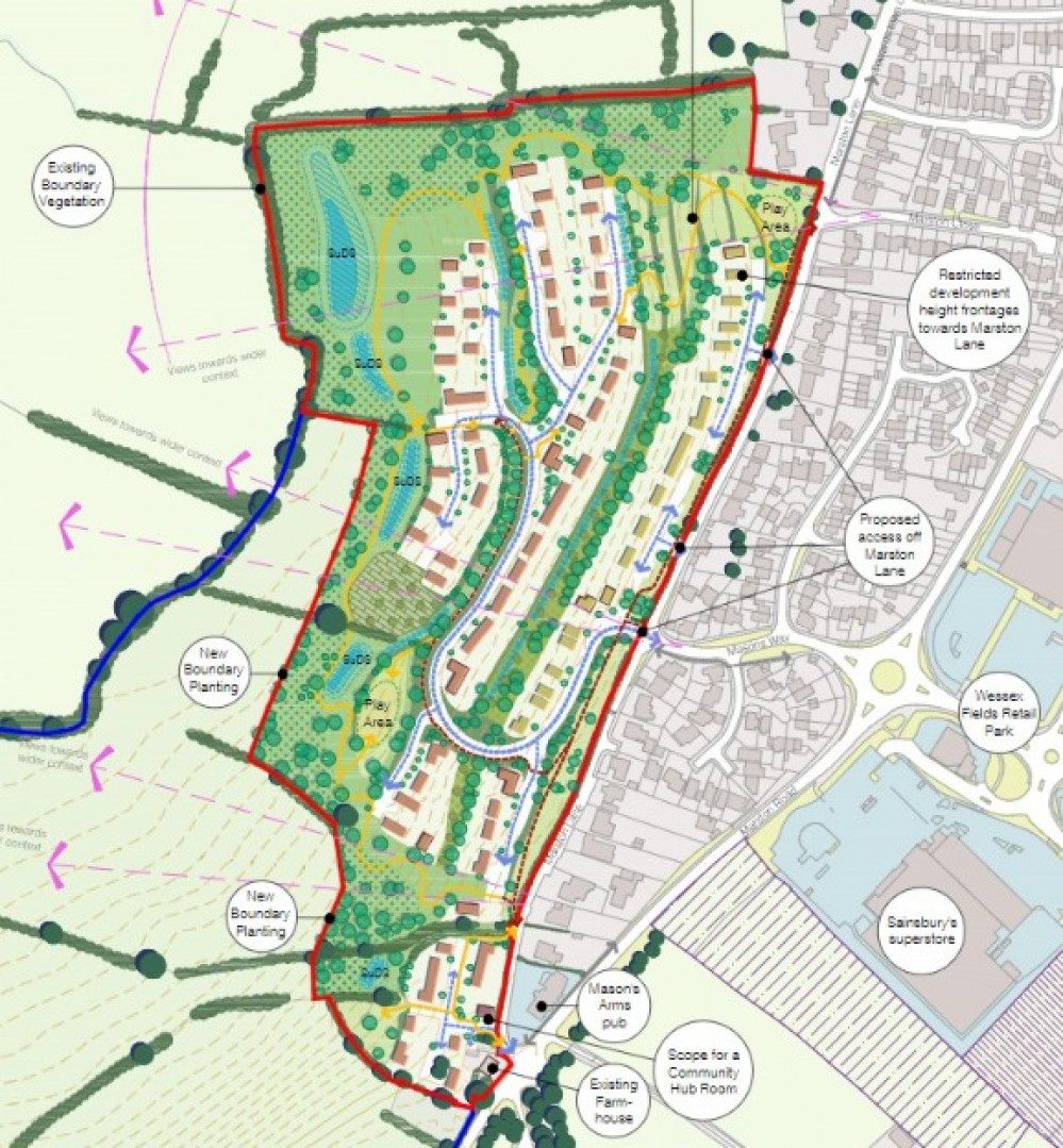 Masterplan Of Proposed Development Of 150 Homes On Marston Lane In Frome. CREDIT: Origin3. Free to use for all BBC wire partners.