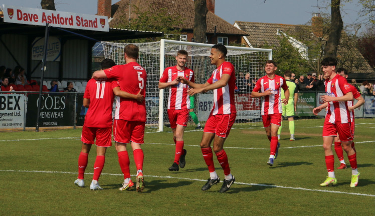 Seasiders celebrate goal in 3-0 win over Olly Murs' Coggeshall