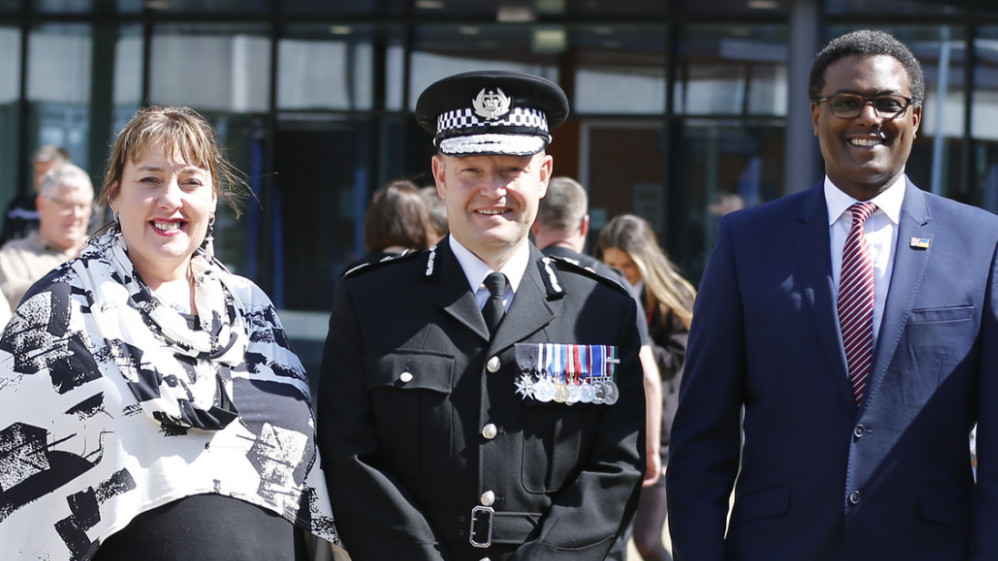 Nottinghamshire Police is launching the country’s first scheme to provide a direct pathway for military personnel to join the police service. Pictured (L to R): PCC Caroline Henry, CC Craig Guildford, MP Darren Henry. Photo courtesy of Nottinghamshire Police.