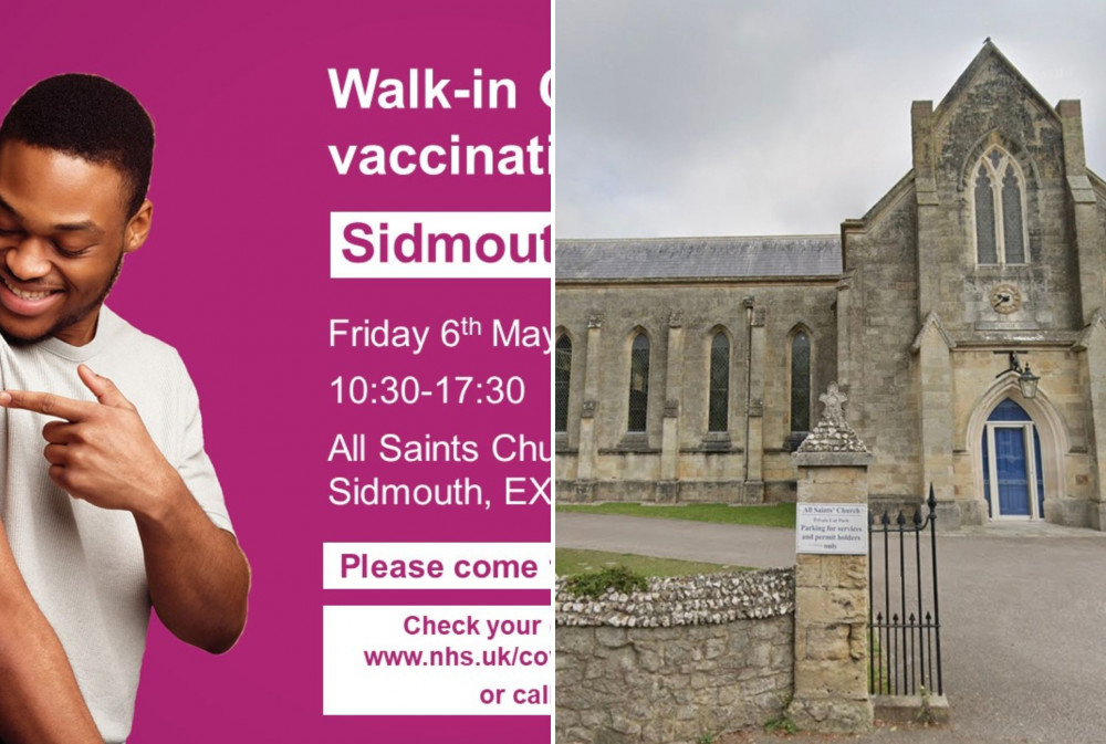 L: Walk-in vaccination flyer (NHS). R: All Saints Church, Sidmouth (Google Maps)