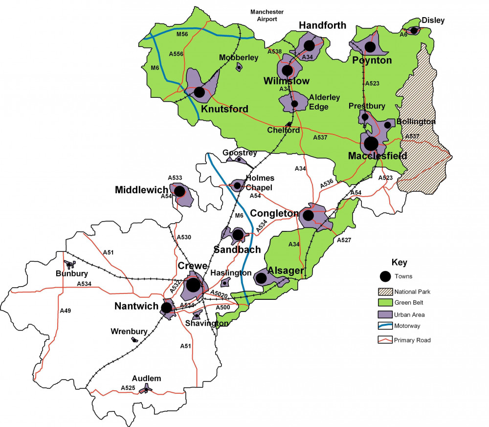 A map of Cheshire East. Cheshire East Council has now backed governance arrangements for town and parish town councils (Cheshire East Consult Objective).