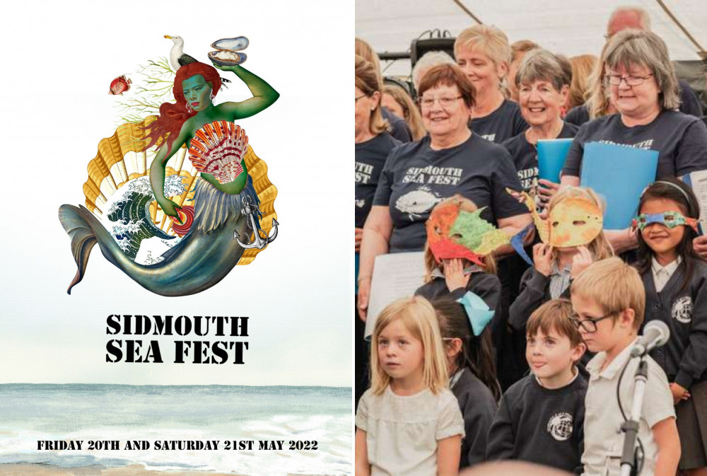 L: Sidmouth Sea Fest poster. R: Previous Sea Fest attendees (Sidmouth Coastal Community Hub CIC)