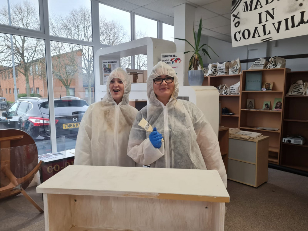 Coalville CAN's Heidi and Hanna refurbishing furniture