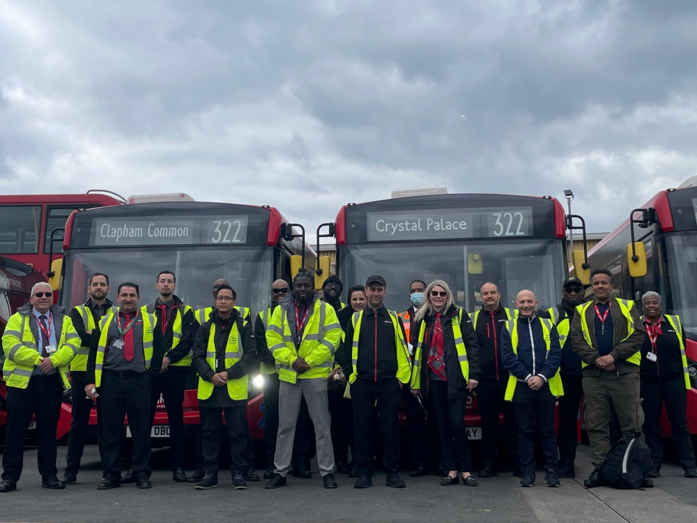 Staff from Abellio London’s Battersea depot come together to mark the start of the 322 service (Image: Abellio London Bus)