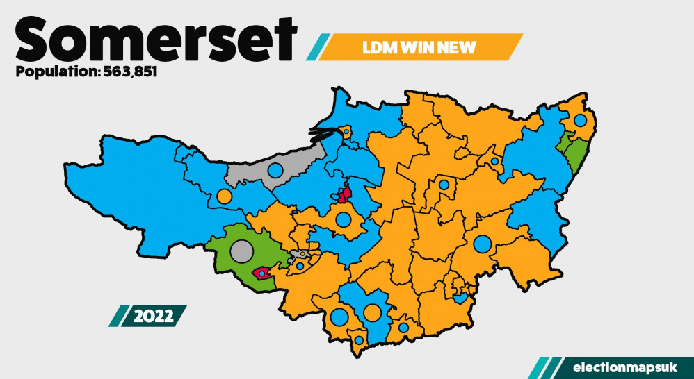 Map Of The 2022 Local Election Results In Somerset. CREDIT: Election Maps. Free to use for all BBC wire partners.