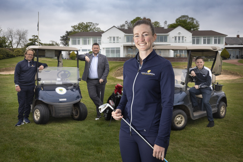 Caption: Iron lady – European Tour pro Rachael Goodall at Heswall Golf Club with, from left, her partner, Jason Dransfield, assistant professional at Heswall Golf Club, and James Parry and Dan Boden, of sponsors, Wrexham-based Hadlow Edwards Wealth Management. Picture by Mandy Jones Photography.