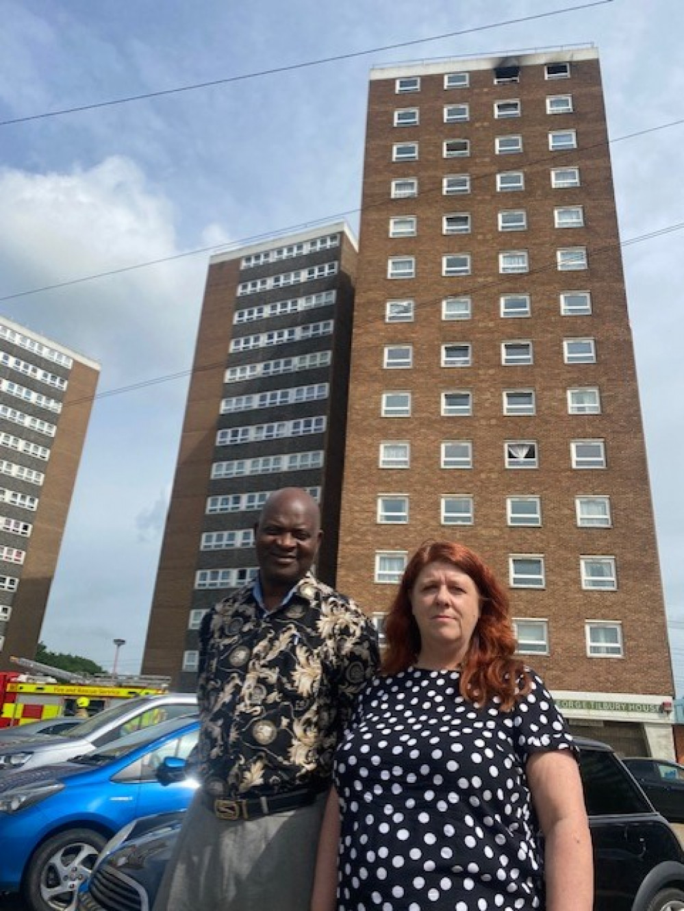 Cllrs Sara Muldowney and Daniel Chukwu at the scene of the blaze this morning.