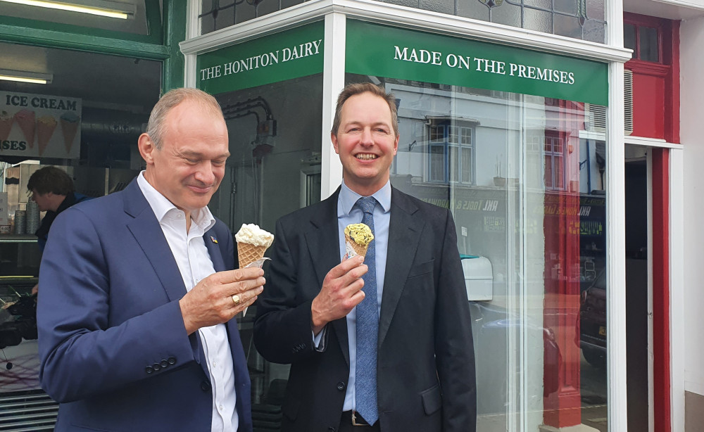 Sir Ed Davey, leader of the Liberal Democracts, enjoys an ice cream with his party's candidate Richard Foord (photo credit: Kate Baxter) Sir Ed Davey, leader of the Liberal Democracts, enjoys an ice cream with his party's candidate Richard Foord (photo credit: Kate Baxter)